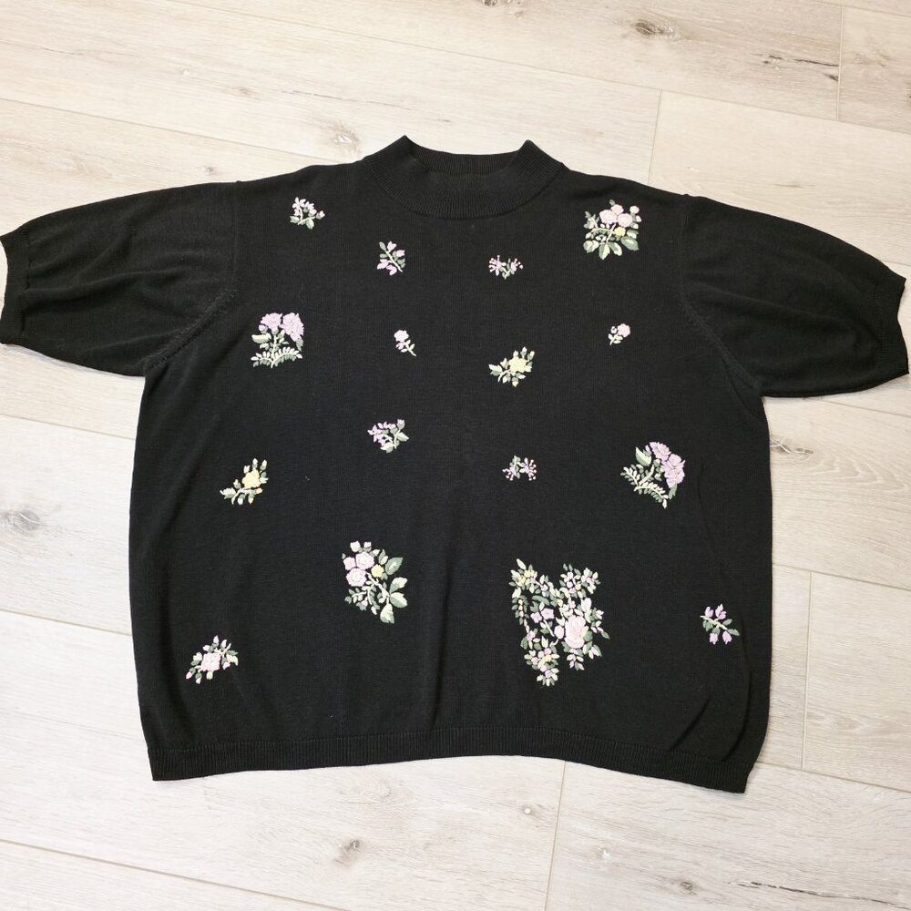 Vtg Womens Stefano Basics Black Floral Embroider Short Sleeve Blouse 22/24